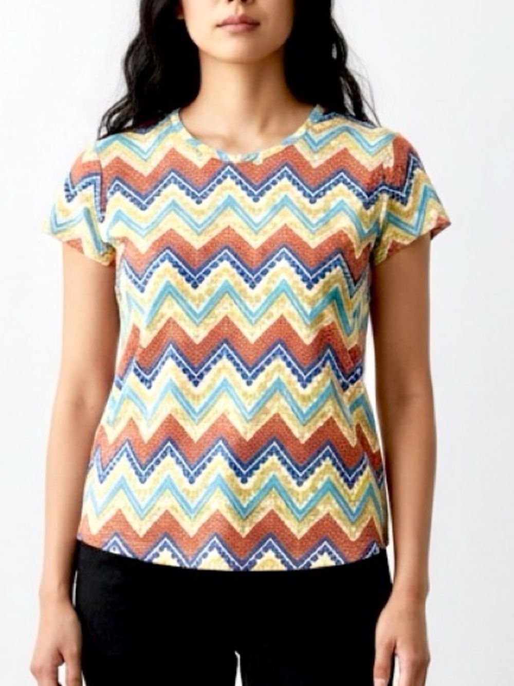 J. McLaughlin Chevron Print Stretch Top V-neck Short Sleeve Catalina Cloth L